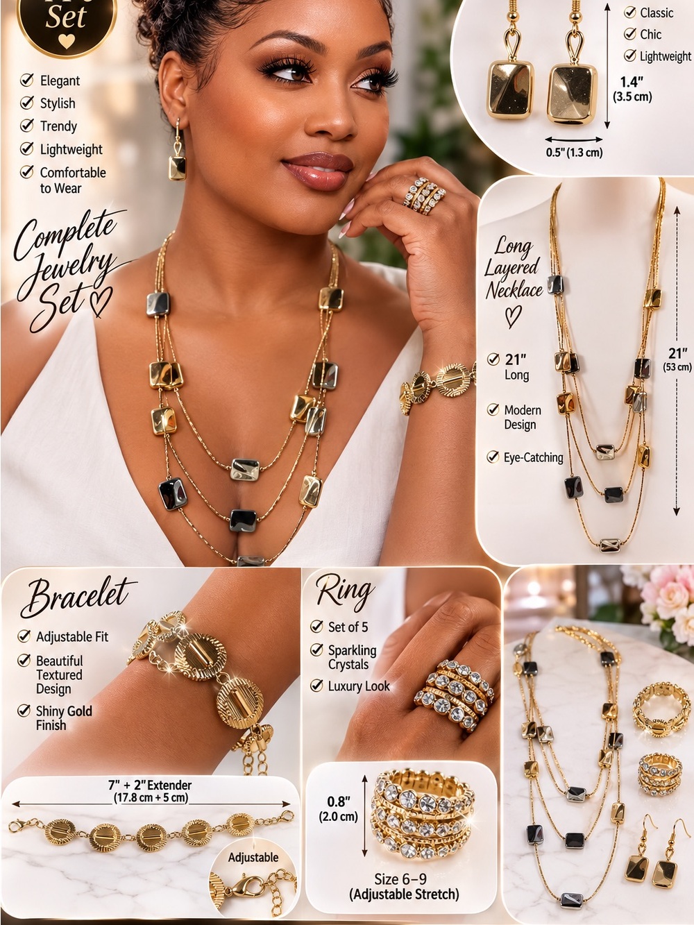 4 Pcs Gold-Tone Layered Necklace Set with Black Accents-Gold Ring & Bracelet